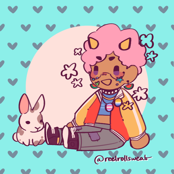 A picrew of the webmaster with a pink afro that has small nubby yellow horns sticking out.Ze wears a blue croptop under an orange-yellow jacket. They are wearing both a trans and aroace flag pins. The webmaster looks happy, this is zir idealized form.